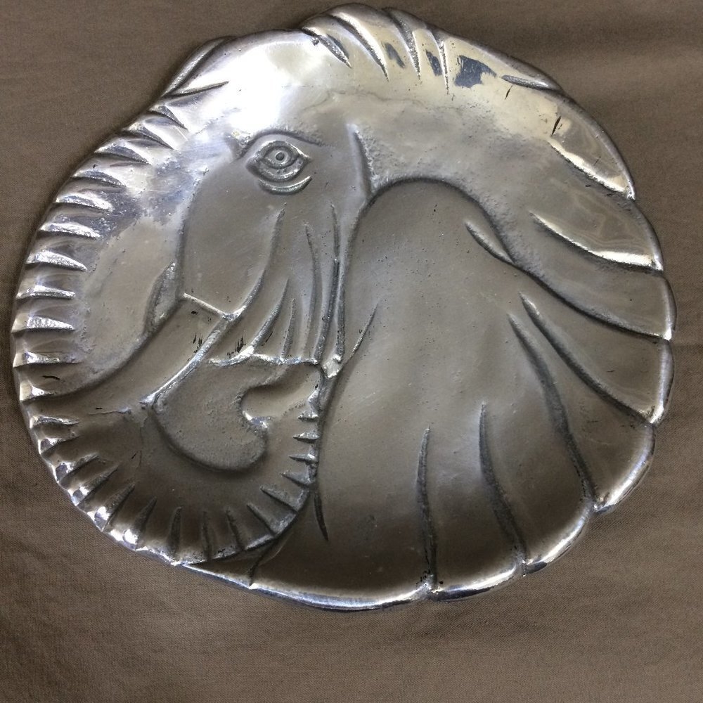 Vintage Metal Trinket Plate 3D Elephant Carved 1991 Made in Taiwan CBK